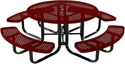 COATEDOUTDOORFURNITURE Heavy-Duty Portable Outdoor Kids Table with Umbrella Hole, Punched Steel Kids Picnic Table, Commercial-Grade, Made in America (46 in, Round, Childrens, Textured Burgundy)