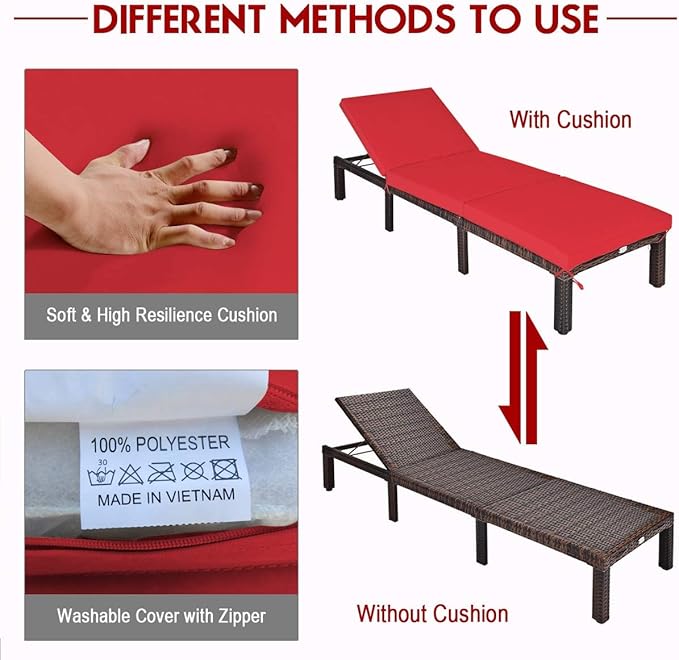 Tangkula Rattan Wicker Chaise Lounge Chair, Outdoor Patio Lounger Recliner Chair w/Adjustable Backrest, Heavy-Duty Reclining Chair Sunbed with Thick Zippered Cushion for Garden Yard Patio (2, Red)