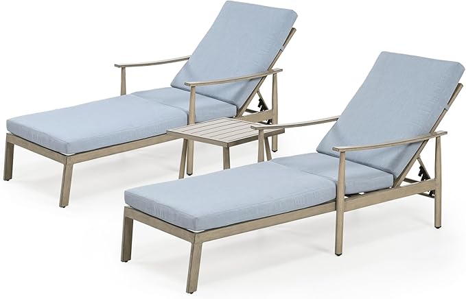 HAPPATIO Outdoor Chaise Lounge Set of 3, Aluminum Pool Chair with Adjustable Backrest and Cushion, Curved Armrest, Outdoor Lounge Chairs with Side Table for Beach, Yard, Poolside (Brown)