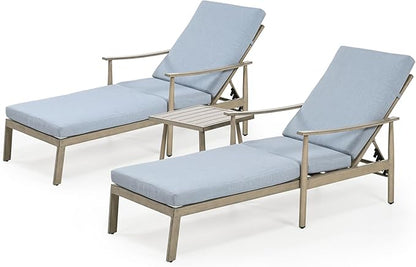 HAPPATIO Outdoor Chaise Lounge Set of 3, Aluminum Pool Chair with Adjustable Backrest and Cushion, Curved Armrest, Outdoor Lounge Chairs with Side Table for Beach, Yard, Poolside (Brown)