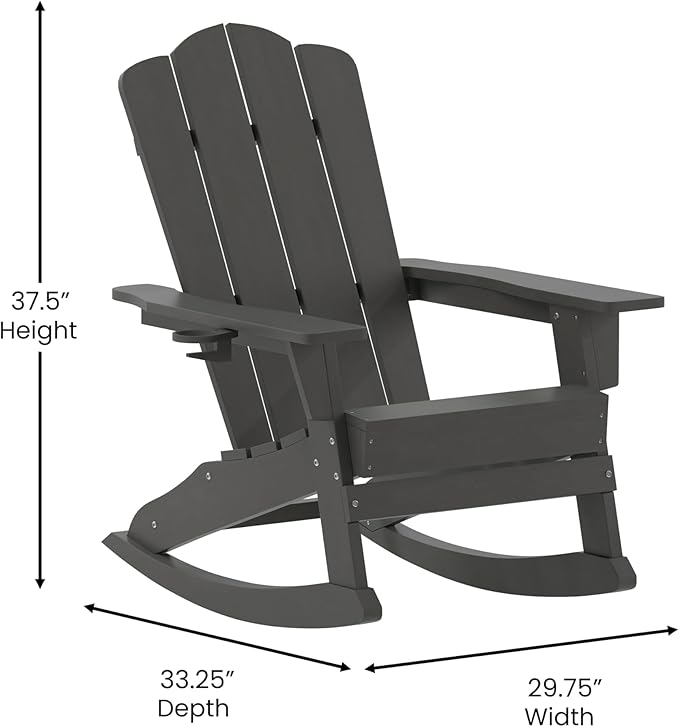 Flash Furniture Newport Adirondack Rocking Chair with Cup Holder, Weather Resistant Poly Resin Adirondack Rocking Chair, Gray, Set of 1