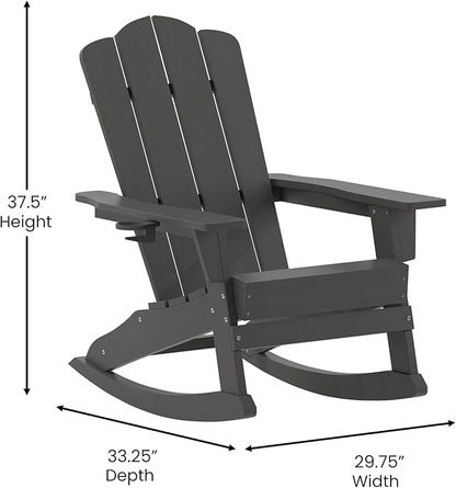 Flash Furniture Newport Adirondack Rocking Chair with Cup Holder, Weather Resistant Poly Resin Adirondack Rocking Chair, Gray, Set of 1