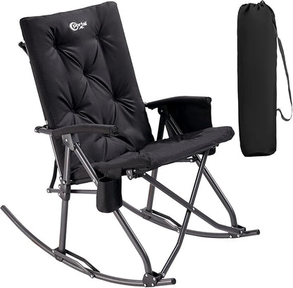 Portal Folding Rocking Camping Chair Outdoor - Thick Padded Rocking Recliner Chair Portable Camping Rocker for Patio Front Porch Backyard Lawn Living Room, Supports 400 LBS