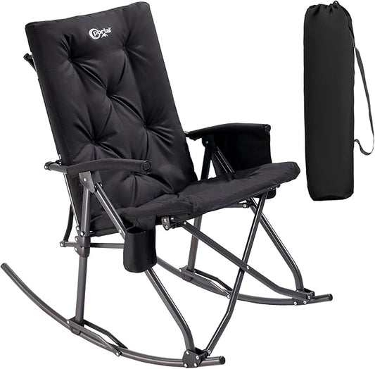 Portal Folding Rocking Camping Chair Outdoor - Thick Padded Rocking Recliner Chair Portable Camping Rocker for Patio Front Porch Backyard Lawn Living Room, Supports 400 LBS