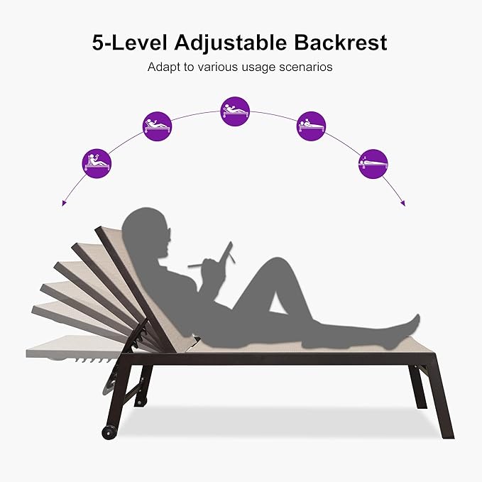 PURPLE LEAF 82.6" Overside Outdoor Chaise Lounge 4 Pieces Adjustable Patio Lounge Chairs with Sturdy Aluminum Frame, Waterproof Chaise Lounge Chair for Outdoor Pool Lawn Backyard, Beige