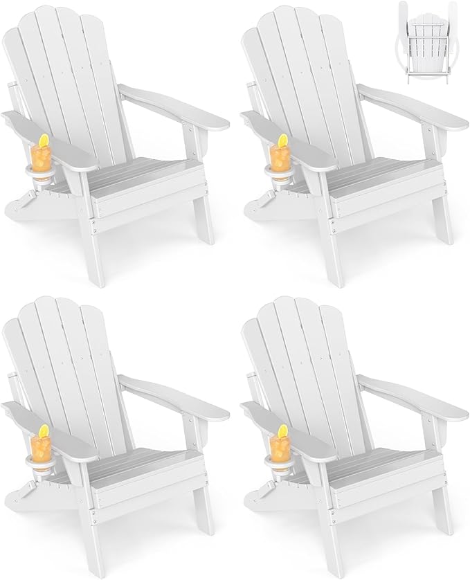 GREENVINES Oversized-Folding-Adirondack-Chairs-Set-of-4 | HDPE Plastic | Cup Holder | Fire Pit Chair | All Weather | for Outdoor Deck Backyard | White