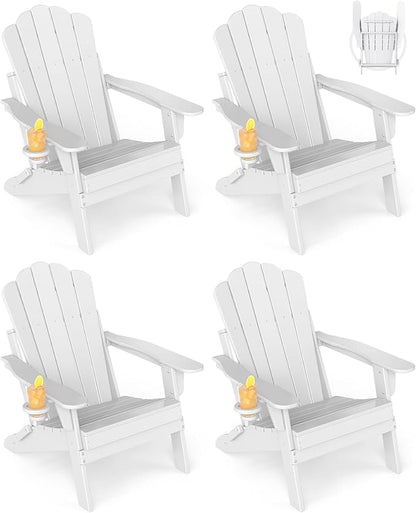 GREENVINES Oversized-Folding-Adirondack-Chairs-Set-of-4 | HDPE Plastic | Cup Holder | Fire Pit Chair | All Weather | for Outdoor Deck Backyard | White