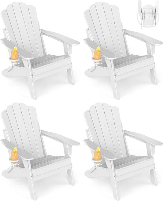 GREENVINES Oversized-Folding-Adirondack-Chairs-Set-of-4 | HDPE Plastic | Cup Holder | Fire Pit Chair | All Weather | for Outdoor Deck Backyard | White