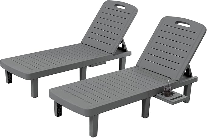 UDPATIO Outdoor Lounge Chairs Set of 2, Resin Adjustable Backrest & Side Table – Oversized Heavy Duty Patio Reclining Lounger Seating for Pool, Beach,Garden,Resin Grey,2 PCS