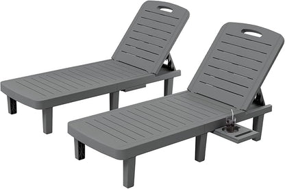 UDPATIO Outdoor Lounge Chairs Set of 2, Resin Adjustable Backrest & Side Table – Oversized Heavy Duty Patio Reclining Lounger Seating for Pool, Beach,Garden,Resin Grey,2 PCS