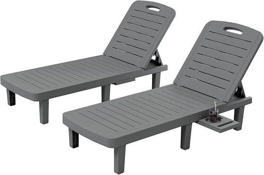 UDPATIO Outdoor Lounge Chairs Set of 2, Resin Adjustable Backrest & Side Table – Oversized Heavy Duty Patio Reclining Lounger Seating for Pool, Beach,Garden,Resin Grey,2 PCS