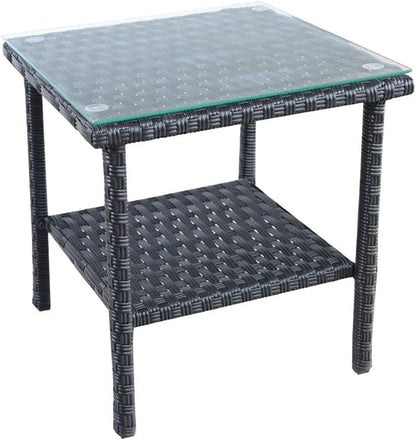 Rattaner Outdoor PE Wicker Rattan Side Table - Patio Rattan Garden Coffee End Square Table with Glass Top-2-layer Table Furniture, Black