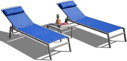 Domi Patio Chaise Lounge Set, Aluminum Pool Lounge Chairs with 5 Adjustable Position, Breathable Textilene Fabric, Sunbathing Pool Chairs with Headrest and Side Table, Blue