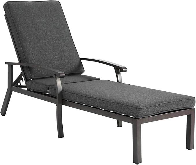 Grey Aluminium Cast Chaise Lounge Chair Outdoor, Patio Chaise Lounge Chair with Cushion, Tanning Lounges, with Level Adjustable Recliner for Poolside, Patio, Deck, Yard