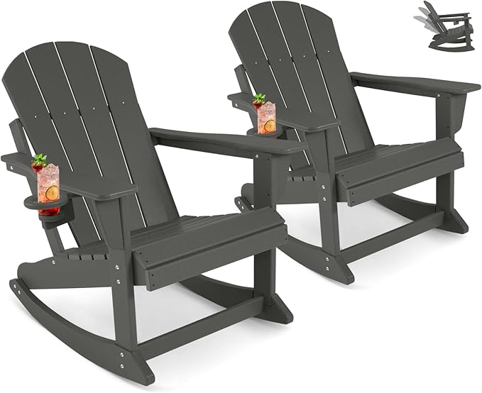 Outdoor Rocking Chair Set of 2, HDPE Poly All-Weather Patio Rocking Chairs with Cup Holder for Adults, Porch Rocker for Deck Patio Balcony, 440lbs, Dark Gray
