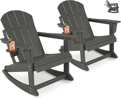 Outdoor Rocking Chair Set of 2, HDPE Poly All-Weather Patio Rocking Chairs with Cup Holder for Adults, Porch Rocker for Deck Patio Balcony, 440lbs, Dark Gray