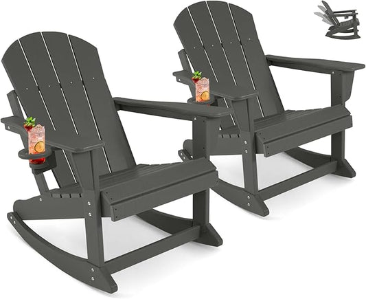 Outdoor Rocking Chair Set of 2, HDPE Poly All-Weather Patio Rocking Chairs with Cup Holder for Adults, Porch Rocker for Deck Patio Balcony, 440lbs, Dark Gray