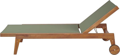 Christopher Knight Home Tristy Chaise Lounge Chair Outdoor, Acacia Wood Frame Sunbathing Pool Lounger, Adjustable Backrest Single Lounge Sofa, Patio Lounge Chaise for Poolside, Green + Natural