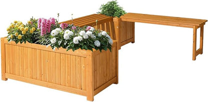 VINGLI Outdoor Wood Bench with Planter Boxes, 2-in-1 All-Weather Porch Bench Seat ＆ Open-Ended Wooden Raised Garden Bed, for Balcony Yard Patio (1 Box + Rectangle)