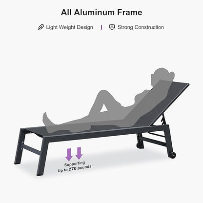 PURPLE LEAF Patio Chaise Lounge Set for 2 Outdoor Chaise Lounge Chair with Aluminum Frame and Wheels Pool Lounge Chairs for Deck Yard Poolside Table Included, Dark Grey