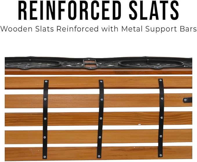 49" Outdoor Wood Bench for Garden, Patio & Porch, 2-Person Bench with Iron Armrests, PVC Backrest, Weather-Resistant Hardwood Seat, Natural Wood & Bronze