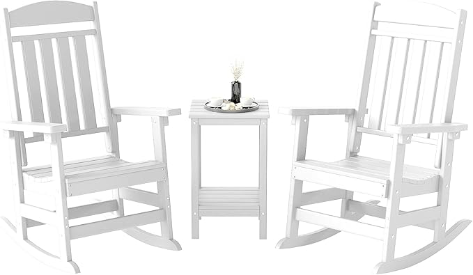 FOOWIN 3-Piece Outdoor Rocking Chairs Set, High Back Patio Rocker with Side Table, HDPE All Weather Resistant Oversized Rocking Chairs for Indoors, Porch, Patio, Backyard, White