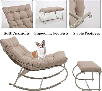 Rocking Chair Outdoor Set of 2, Extra Wide Outdoor Chair with Cushion, Patio Rocking Chairs with Ottoman, Patio Papasan Rocking Chairs for Porch, Garden, Lawn, Khaki