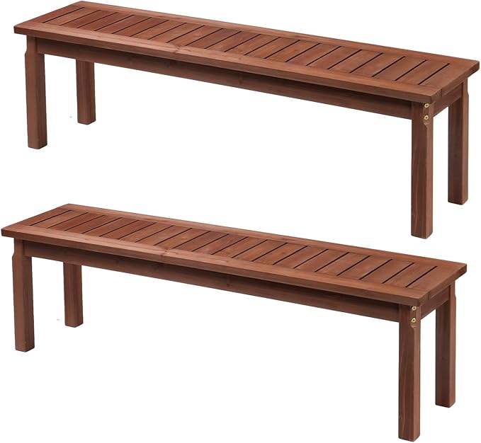 Outvita 2PCS Patio Wood Bench, 62" Long Loveseat with Stable Wood Frame, 2-Person Backless Bench w/Slatted Seat, Indoor Outdoor Dining Bench for Backyard, Poolside, Entryway, Porch