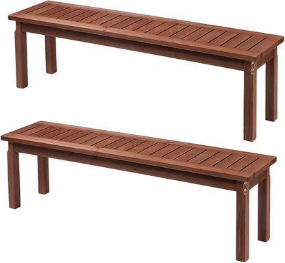 Outvita 2PCS Patio Wood Bench, 62" Long Loveseat with Stable Wood Frame, 2-Person Backless Bench w/Slatted Seat, Indoor Outdoor Dining Bench for Backyard, Poolside, Entryway, Porch