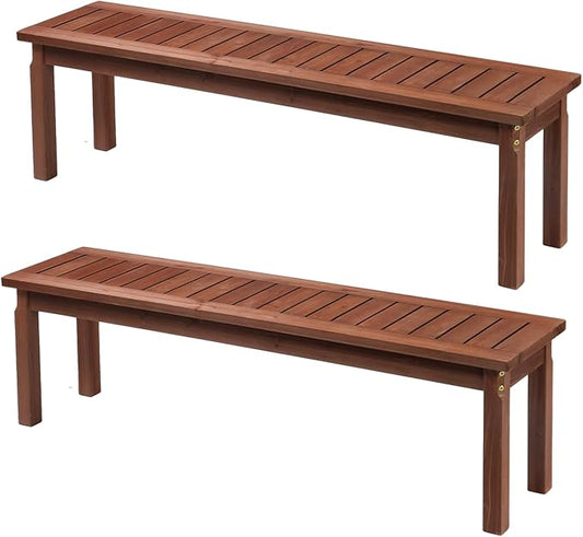Outvita 2PCS Patio Wood Bench, 62" Long Loveseat with Stable Wood Frame, 2-Person Backless Bench w/Slatted Seat, Indoor Outdoor Dining Bench for Backyard, Poolside, Entryway, Porch