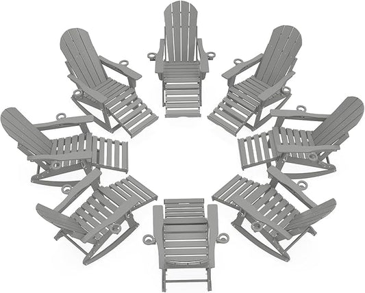 Adirondack Rocking Chairs Set of 8 with Retractable Ottoman, All Weather Folding Adirondack Chair with Two Cup Holders, Adirondack Outdoor Rocking Chairs for Porch, Patio, Balcony. White Grey