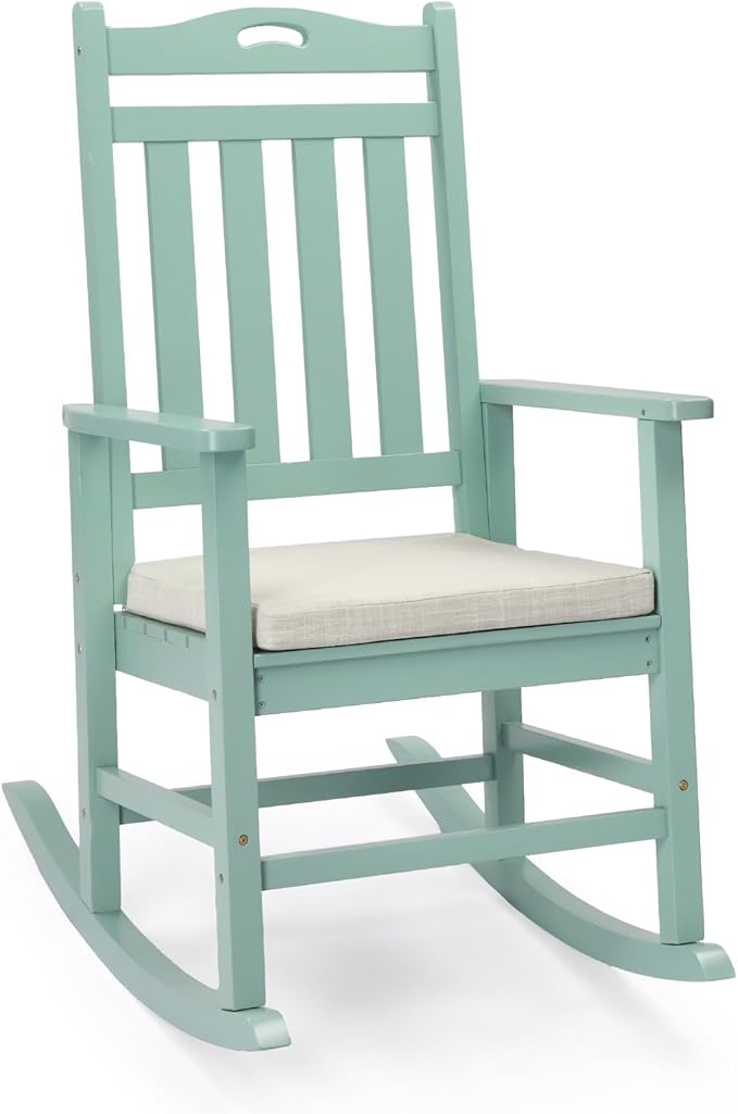 VINGLI Outdoor Rocking Chair, Heavy Duty 450 lbs Poplar Wooden Rocking Chair with High Backrest Design, Come with a Cushion, All-Weather Lounge Rocker Support for Garden, Deck (Mine Green, 1 PC)