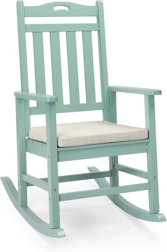 VINGLI Outdoor Rocking Chair, Heavy Duty 450 lbs Poplar Wooden Rocking Chair with High Backrest Design, Come with a Cushion, All-Weather Lounge Rocker Support for Garden, Deck (Mine Green, 1 PC)