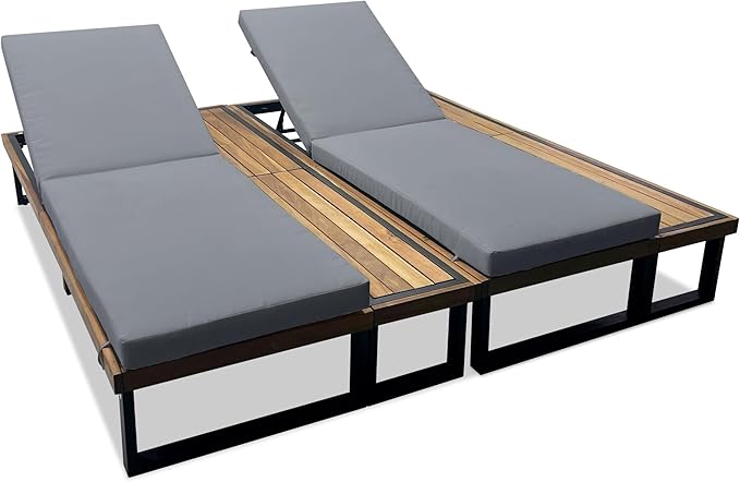 Sleek Outdoor Patio Chaise Lounge Set of 2 with 5-Position Adjustable Backrest and Wood Side Table, All-weather Lounge Chair Reclining with Cushion and Steel Frame for Backyard Poolside (Gray+Wood2)