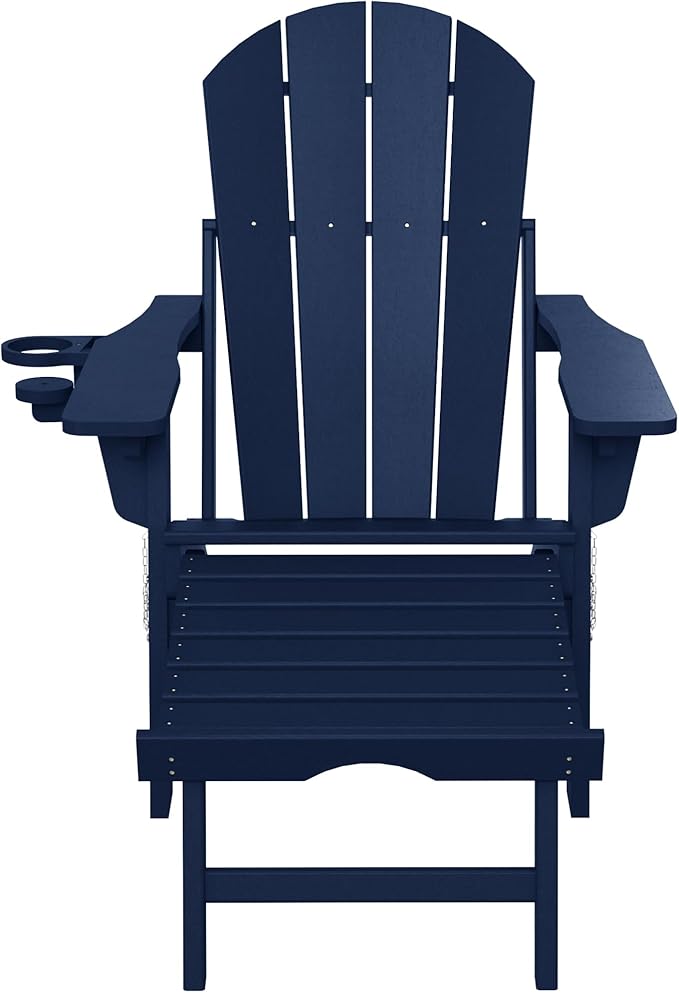 WestinTrends Malibu Folding Adjustable Adirondack Chair with Retractable Ottoman and Cup Holder, Navy Blue