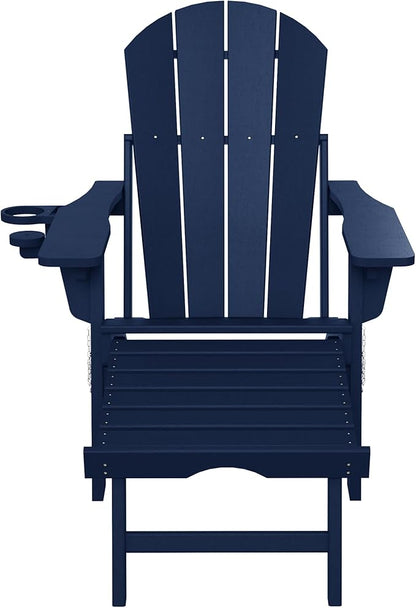 WestinTrends Malibu Folding Adjustable Adirondack Chair with Retractable Ottoman and Cup Holder, Navy Blue
