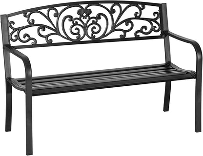 50" Outdoor Bench, Metal Garden Bench with Floral Pattern Backrest, Porch Bench with Slatted Seat for Park, Yard, Lawn, Black