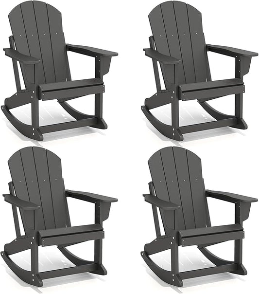GREENVINES Adirondack Rocking Chairs Set of 4 | HDPE Plastic | Porch Rocker | Chair for Patio Outdoor Deck | All Weather | Black