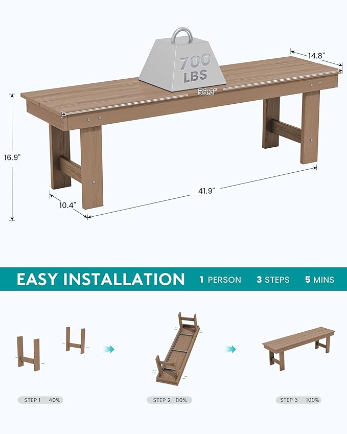 SERWALL 2-Person Outdoor Bench Backless, HDPE Outdoor Benches Weatherproof, 700 Lbs Weight Capacity, Poly Lumber Patio Furniture for Garden, Porch and Park, Brown, 2 Pack