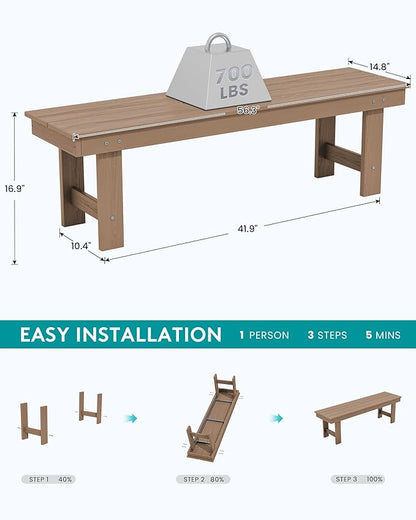 SERWALL 2-Person Outdoor Bench Backless, HDPE Outdoor Benches Weatherproof, 700 Lbs Weight Capacity, Poly Lumber Patio Furniture for Garden, Porch and Park, Brown, 2 Pack