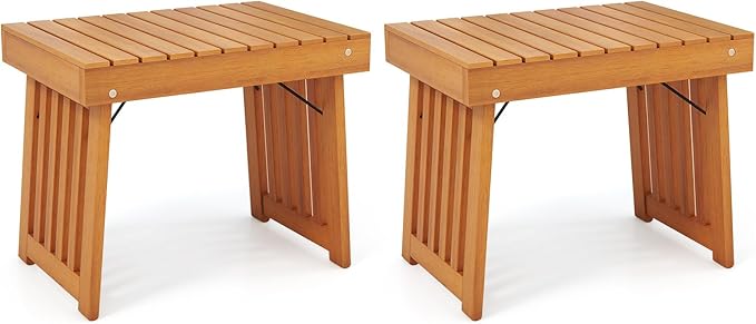 Tangkula Patio Foldable Side Table, Outdoor Folding Acacia Wood Coffee Table w/Slatted Tabletop, Portable Patio Table for Backyard, Poolside, Balcony (2)