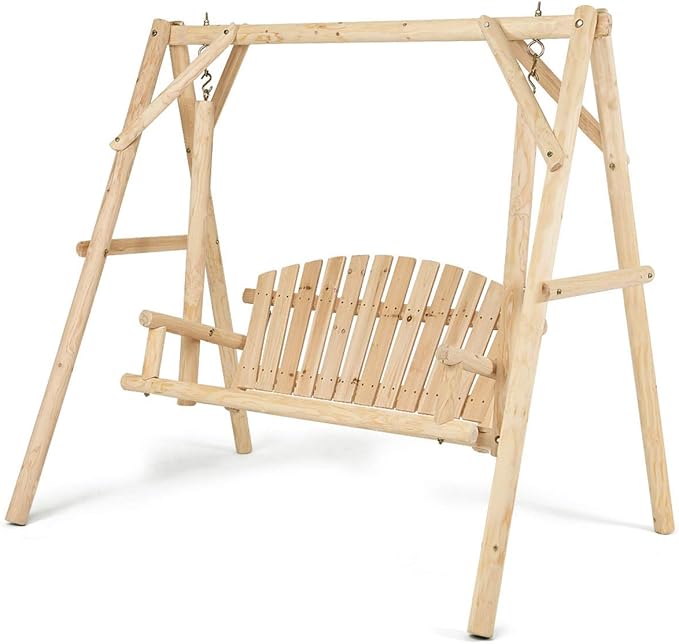 Tangkula A-Frame Wood Log Swing Bench, Outdoor Rustic Curved Back Swing Chair for Patio Garden Yard - Photo 1