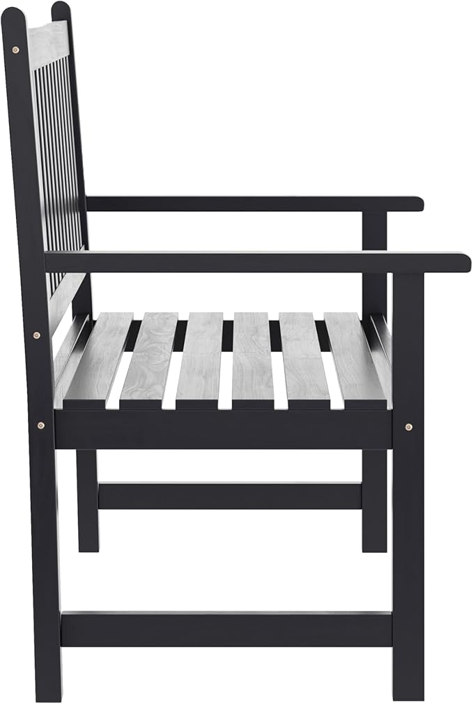 EMMA + OLIVER Ashford Patio Bench for Indoor/Outdoor Use, Acacia Wood Slatted Loveseat for 2, Perfect for Sunroom, Garden, Backyard or Porch, Black
