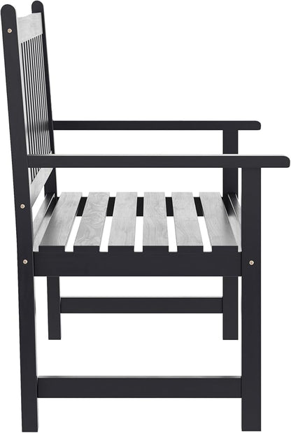 EMMA + OLIVER Ashford Patio Bench for Indoor/Outdoor Use, Acacia Wood Slatted Loveseat for 2, Perfect for Sunroom, Garden, Backyard or Porch, Black