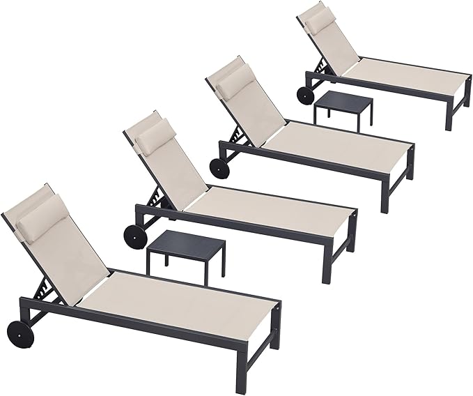 PURPLE LEAF Patio Lounge Chair Set Outdoor Chaise Lounger Aluminum Frame with 2 Side Table and Wheels for Pool Outside Sunbathing Tanning Recliner Including Pillows Beige