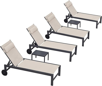 PURPLE LEAF Patio Lounge Chair Set Outdoor Chaise Lounger Aluminum Frame with 2 Side Table and Wheels for Pool Outside Sunbathing Tanning Recliner Including Pillows Beige
