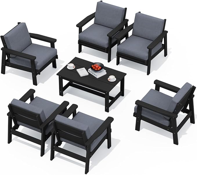 SERWALL HDPE Outdoor Furniture Set, 7 Piece All Weather Wood-Like Outdoor Sofa Sectional Couch - Photo 1