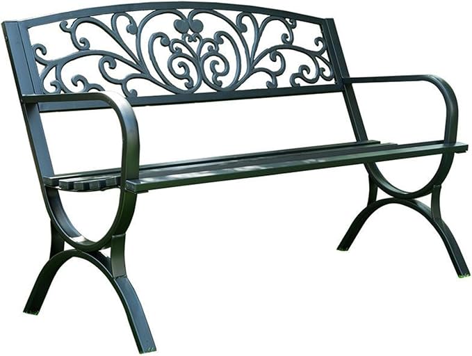 Outdoor Metal Garden Bench with Armrests - Slatted Patio Park Seating for Yard, Porch, Lawn, Balcony, Backyard - Durable Black & Red Finish