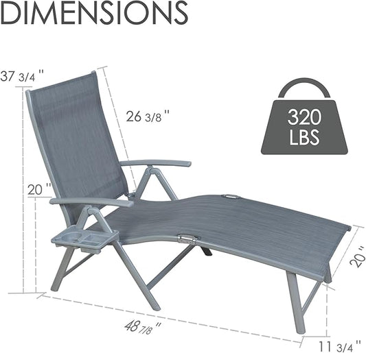 Kozyard Aluminum Outdoor Chaise Lounge Chair, Adjustable Reclining Patio Lounge with Drink Holder, Weather-Resistant Pool, Deck & Yard Recliner,Assemble-Free, Gray (Gray)