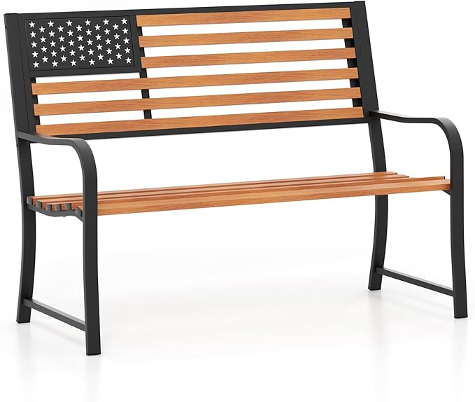 Giantex Outdoor Bench, 2-Person Metal Garden Bench with American Flag Backrest, Curved Armrests & Slatted Seat, 660 Lbs Capacity, Outdoor Bench for Lawn, Porch, Yard, Park Bench